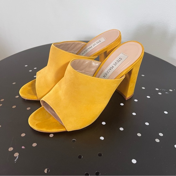 SALE 🔴 Steve Madden Yellow Heels Esmeralda Nubuck Leather Peep-Toe Mules 5.5 - Picture 6 of 8